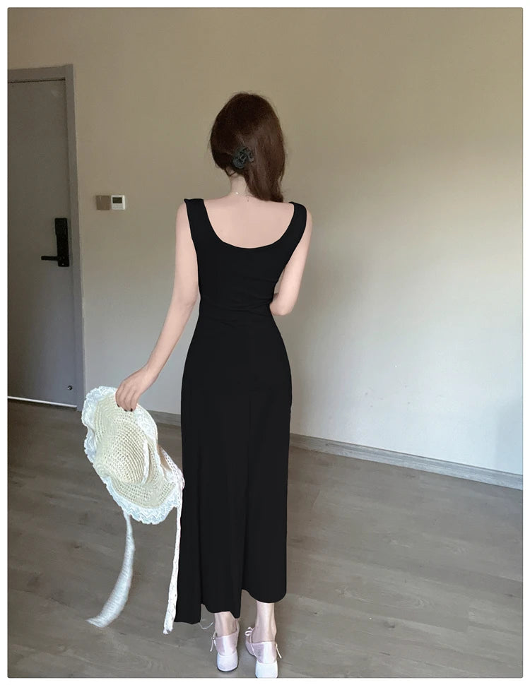 Aiertu  -  Spice Girl Sexy Strap Dress Women's Summer Sleeveless Slim A-line Solid Color Long Dress Fashion Female Clothes Aiertu
