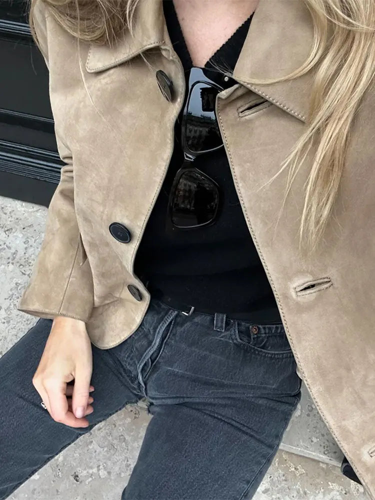 Aiertu  -  Autumn Chic Lapel Long Sleeve Cropped Coats Chic Single Breasted Solid Lady Leather Jacket Female High Street Outercoat Tops Aiertu
