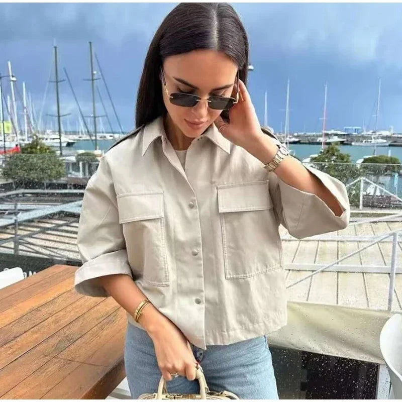 Aiertu  -  Fashion Lapel Spliced Coats Women Casual Single-breasted Pockets Short Sleeve Female Jacket Autumn Lady Solid Loose Outwear Aiertu