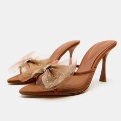 Aiertu  -  Summer Pointed Shoes Woman Open Toe High Heels Shallow Diamond Shining Butterfly-Knot Slingbacks Mesh Ladies Mules Sandals Aiertu