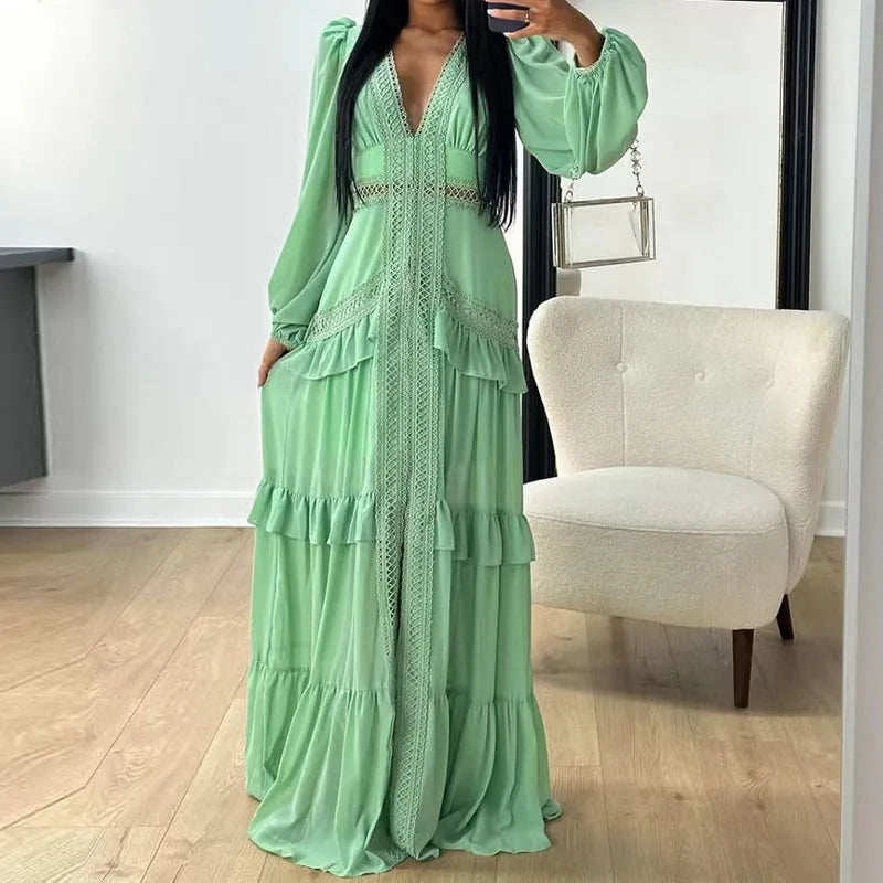 Aiertu  -  Elegant Lace Deep V-neck Pleated Long Dress Women's Casual Long Sleeve Solid Party Dress Fahsion Hight Waist Slim Evening Dress Aiertu