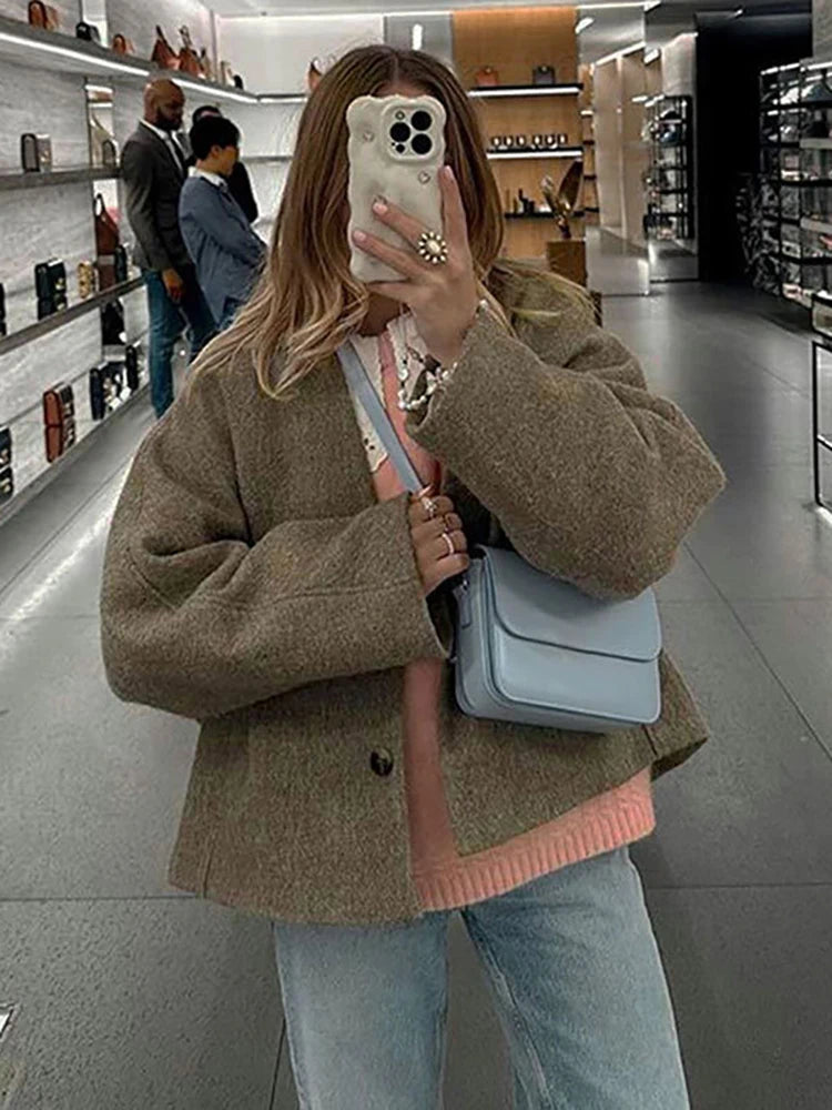 Aiertu  -  V-neck Single Breasted Women Coat Gray Long Sleeve Pocket Short Jacket Female Winter Loose Casual Streetwear Aiertu