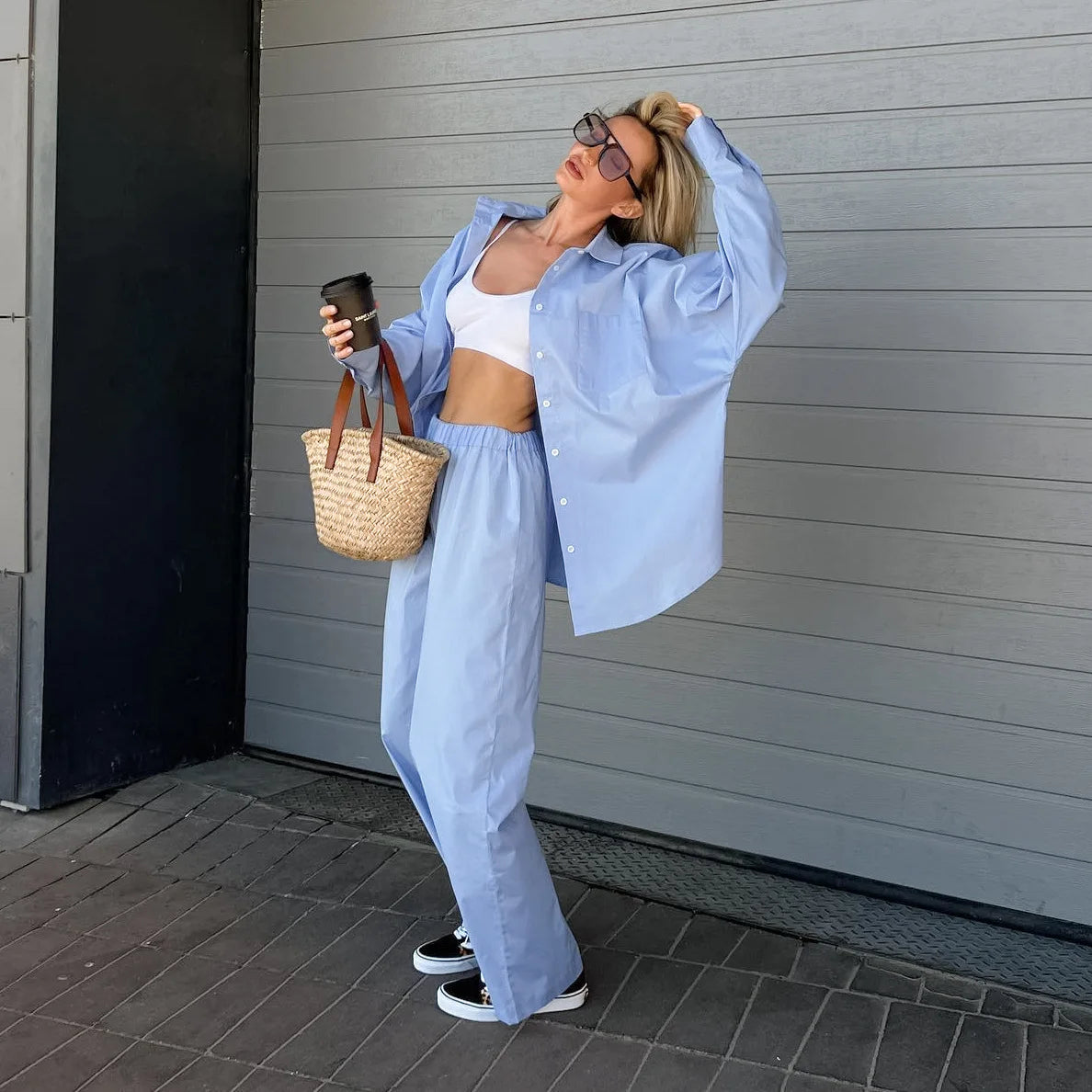 Aiertu  -  Casual Loose Oversized Two Piece Set for Women Elegant Trouser Suit Women with Pants Blue Wide Leg Pants Long Sleeve Shirts Set Aiertu