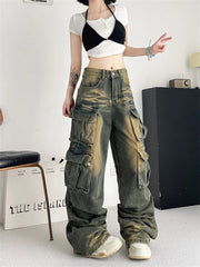 Aiertu  -  Women's Tie Dyed Patterns Multiple Pockets Unisex Jeans Street Summer Trousers Young Girl Street Bottoms Female Denim Pants Aiertu