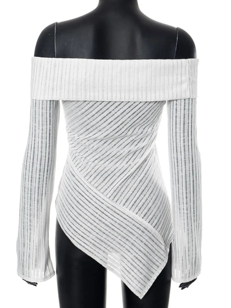 Aiertu  -  2026 Fall Woman Clothing Slash Neck White T-shirts Fashion Off Shoulder Irregular Tee Shirt Streetwear Female See-through Tops Aiertu