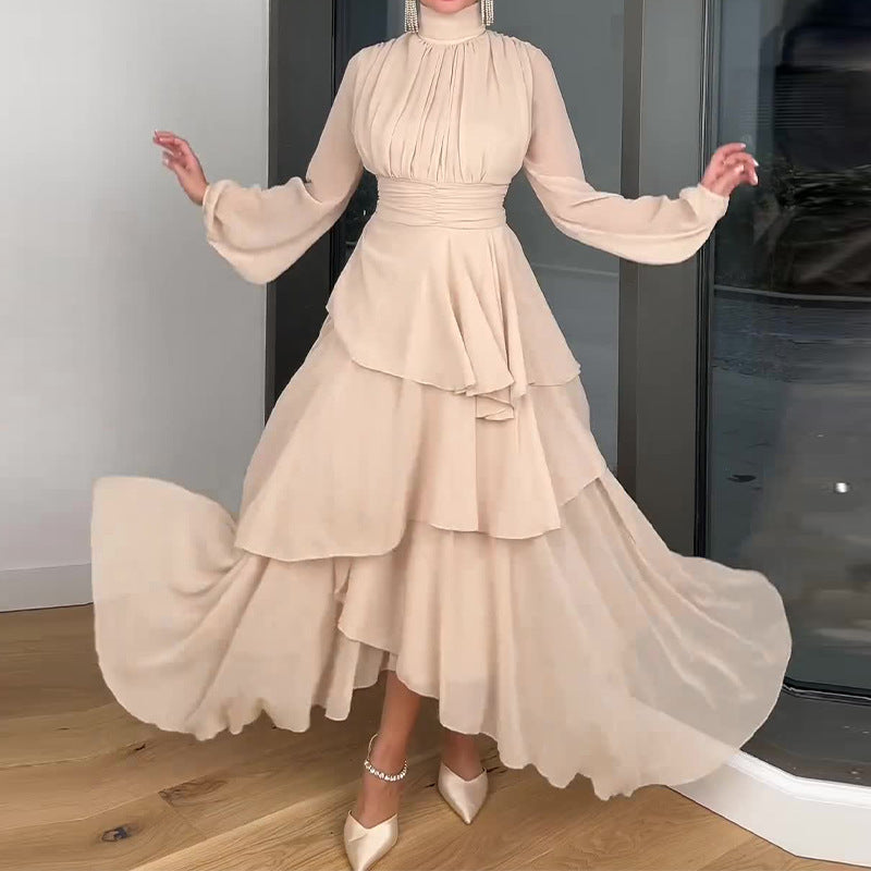 Aiertu 2025 New French Hepburn Wind Solid Color High Collar Waist Cake Dress Woman-Outfit Ideas Aiertu