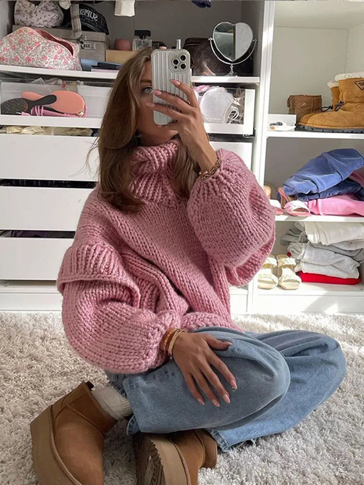 Aiertu  -  Oversized Turtleneck Blue Knitted Pullover For Women Loose Long Lantern Sleeve Sweater Tops Autumn New Lady High Streetwear Aiertu