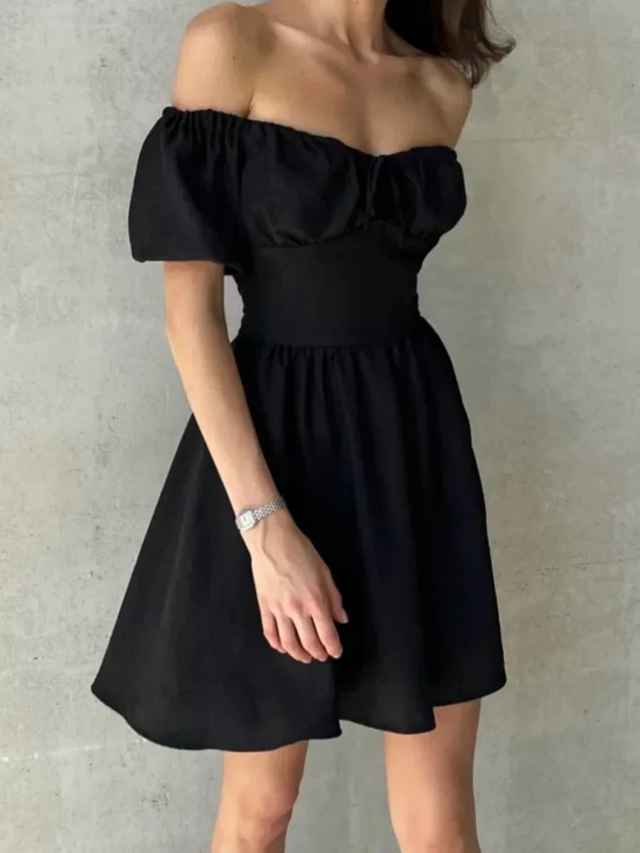 Aiertu  -  Summer White Off Shoulder Mini Dress for Women Elegant Fashion Slash Neck Puff Sleeve Holidays Party Dresses 2025 New Aiertu