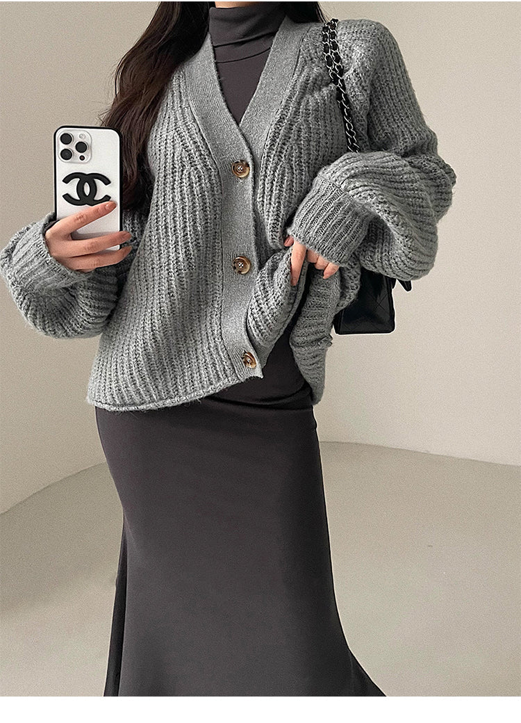 Aiertu Solid Color Long Sleeve Knitted Long Sleeve Button Up Sweater Aiertu
