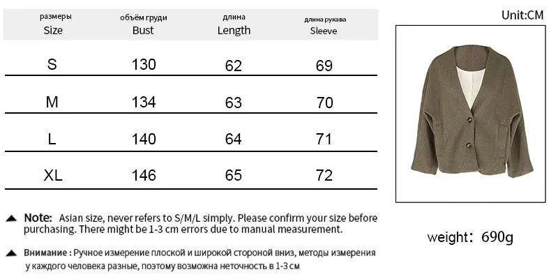 Aiertu  -  V-neck Single Breasted Women Coat Gray Long Sleeve Pocket Short Jacket Female Winter Loose Casual Streetwear Aiertu