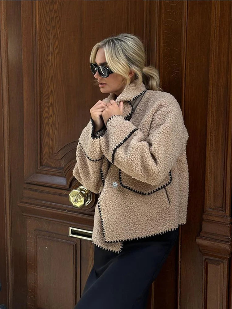Aiertu  -  Women Contrasting One Button Lamb Woolen Coat Fashion Lapel Long Sleeves Short Plush Jacket Autumn Casual Lady Street Outwear Aiertu