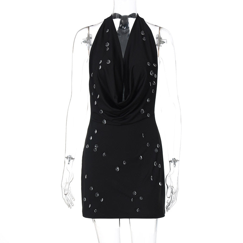 Aiertu  Sexy Rhinestone Halter Mini Dresses Women Chic Street Solid Backless Pleated Low Cut Slim Dress Female Summer Fashion Vestidos Aiertu