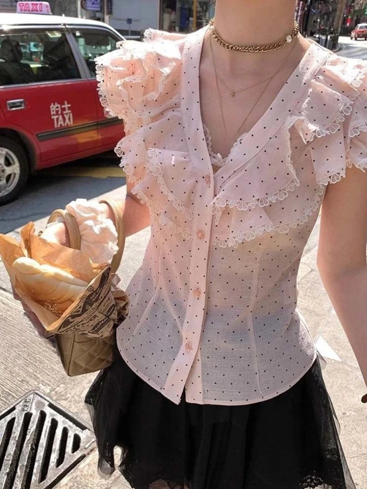 Aiertu  -  Y2k Aesthetic Sweet Polka Dot Women Blouse Vintage Single Breasted Blusas Lace Patchwork Fairy Summer Feifei Sleeves Grunge Tops Aiertu