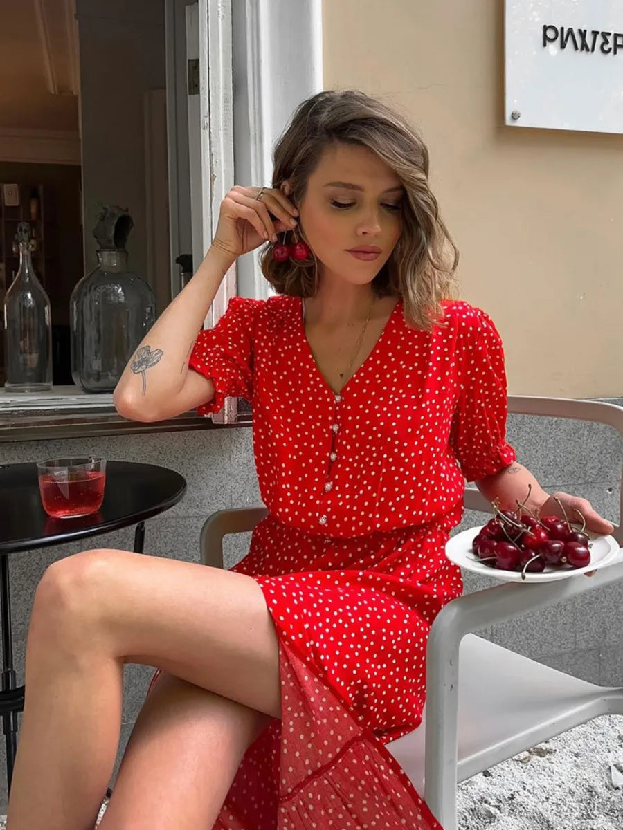 Aiertu      -  Polk Dot Red Midi Dress Women Summer New V Neck Short Sleeve Waist Cinched Split Dresses 2024 Elegant Casual Button Long Vestido Aiertu