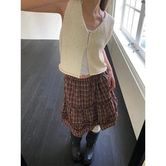 Aiertu  -  Vintage Plaid Mini Skirt Women Japanese Harajuku Ruffles Patchwork Black Skirts Summer High Waist Casual A Line Faldas New Aiertu