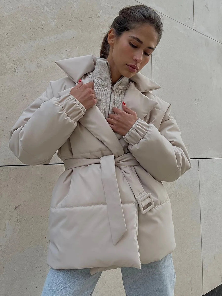 Aiertu  -  Fall Winter Thickened Lapel Cotton Jackets Coat For Women Solid Color Lace Up Waist-Cinching Casual Cotton-Padded Jacket Aiertu