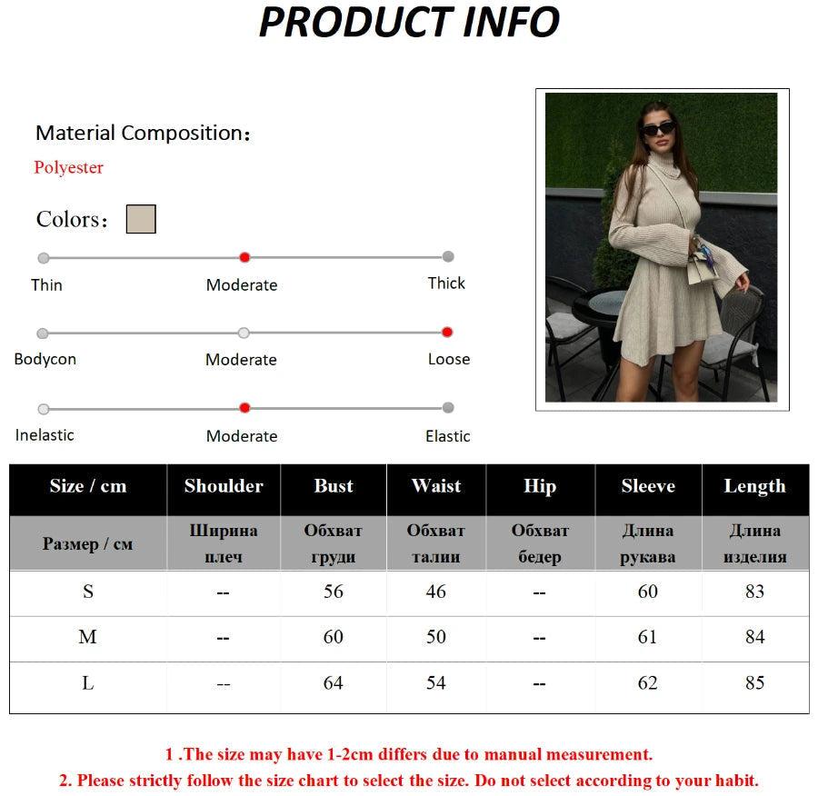 Aiertu  -  Long Sleeved Knitted Turtleneck Dress Women's Solid Color A-line Skirt Autumn Stylish Ladies Sweater Knee Length Dress Aiertu