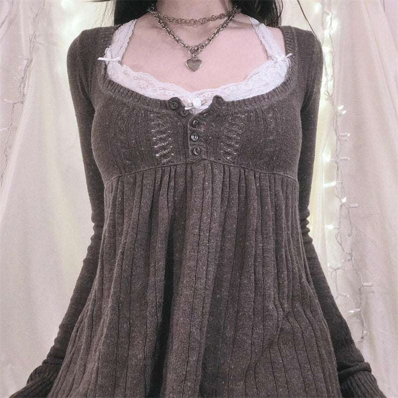 Aiertu  -  Women Vintage Solid Sweater Top Long Sleeve Button Front Knitted Babydoll Top 00S Retro Y2K Fairy Grunge Aesthetic Knitwear Aiertu