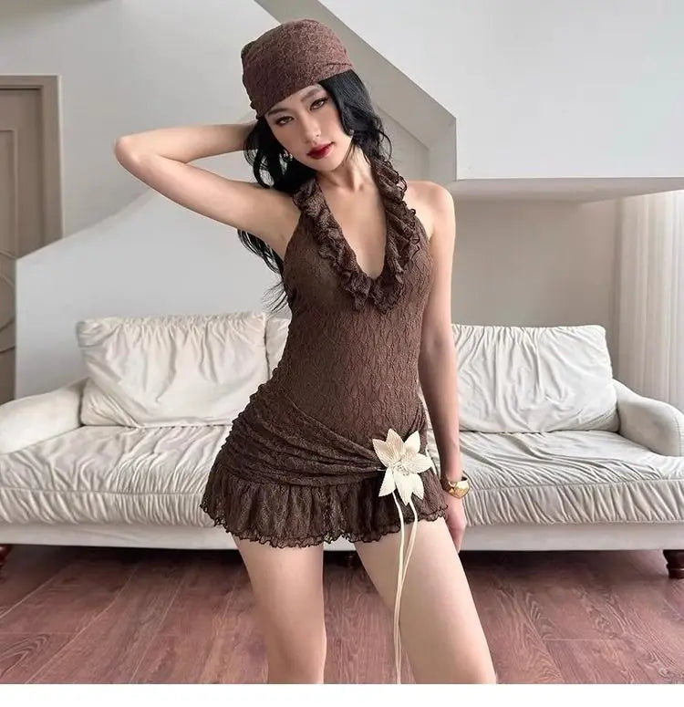 Aiertu  -  Sexy retro vacation ruffle edge deep V halter neck dress female slim slim slim skirt Aiertu