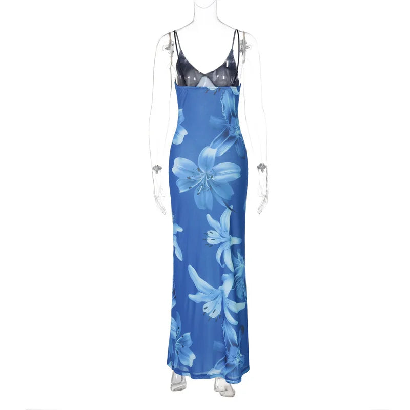 Aiertu  -  Print Sexy Spaghetti Strap Maxi Dress For Women V-neck Mesh Fashion Print Slim Fit Sleeveless Backless Holiday Dress Aiertu