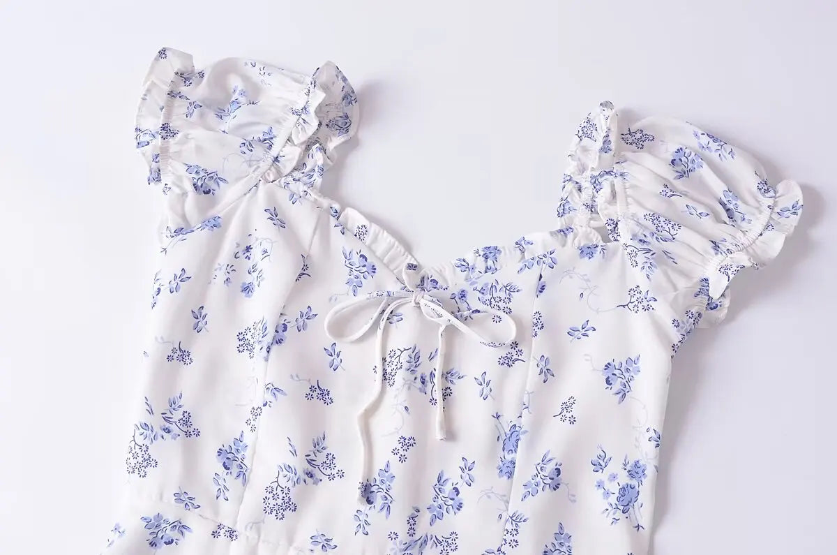 Aiertu  -  French Retro Slim Fit Small Flying Sleeves Printed Dress Women Summer New Short Floral Skirt Aiertu