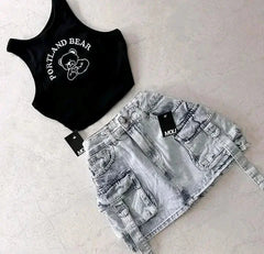 Aiertu  -  Harajuku Retro Style Sexy Hot Girl Two-piece Vest with Sweet Printed Low Waist Patchwork Slim Denim Short Skirt Y2K Aiertu