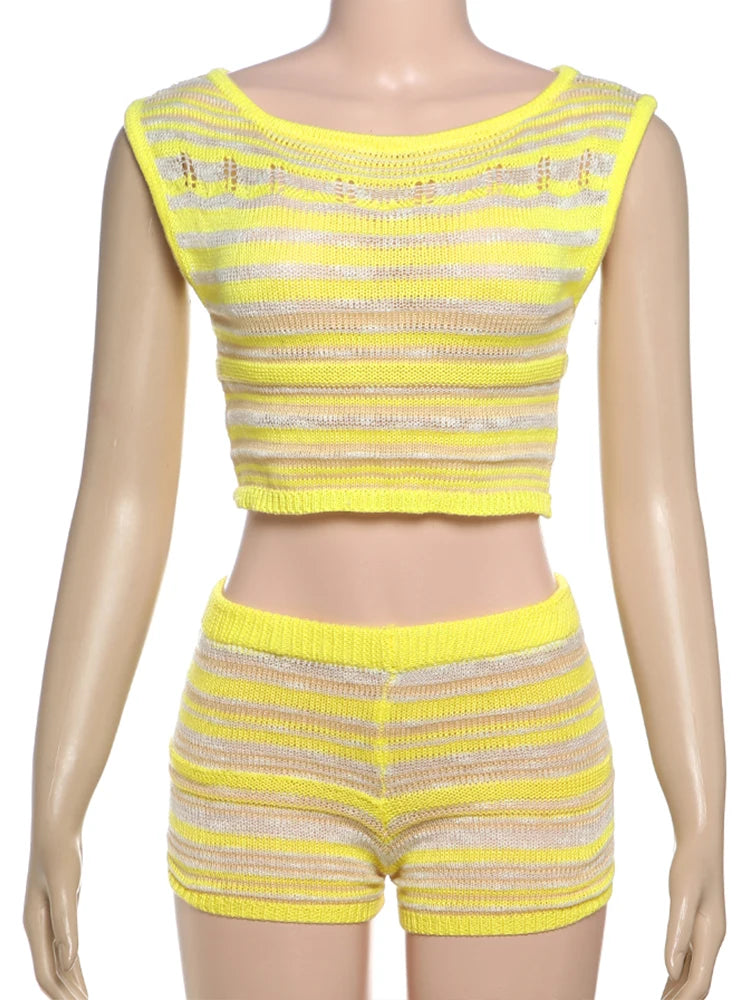 Aiertu  -  Sexy Summer Crochet Women 2 Piece Set Thin Beach Vacation Hollow Tank Tops+Shorts Stretch Matching Streetwear Outfits Aiertu