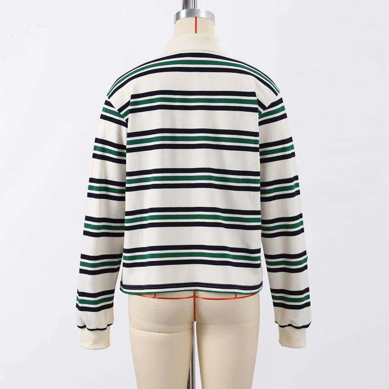 Aiertu  -  Vintage Stripe Basic Women's T-shirt Casual Long Sleeve Female All Match Polo Shirt Spring New Ladies Loose Tops High Street Aiertu