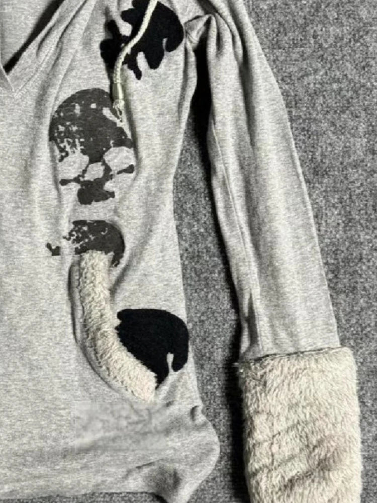 Aiertu  -  Y2k Aesthetic Print Fur Patchwork Hoodie Women Streetwear Drawstring Hooded Tops Harajuku Sweatshirt Slim Grunge Pocket Hoody Aiertu
