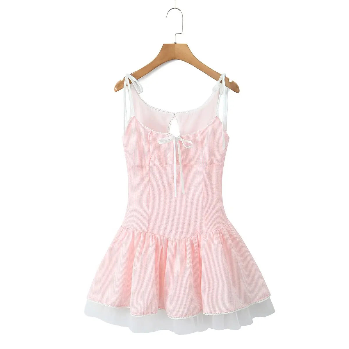 Aiertu  -  New Women Mesh Patchwork Pink Striped Sling Mini Dress Sexy Low Waist O Neck A-line Holiday Summer Dresses Sweet Robe Aiertu