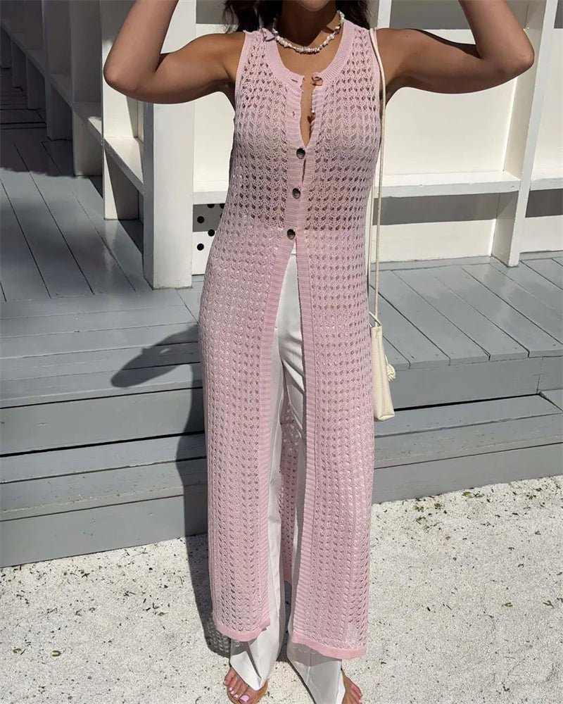 Aiertu  -  Knit Vest Cardigan Beach Dress Long Pants 2 Pieces Sets For Women Hollow Out Sexy See Through Cardigan Long Pants Sets Aiertu