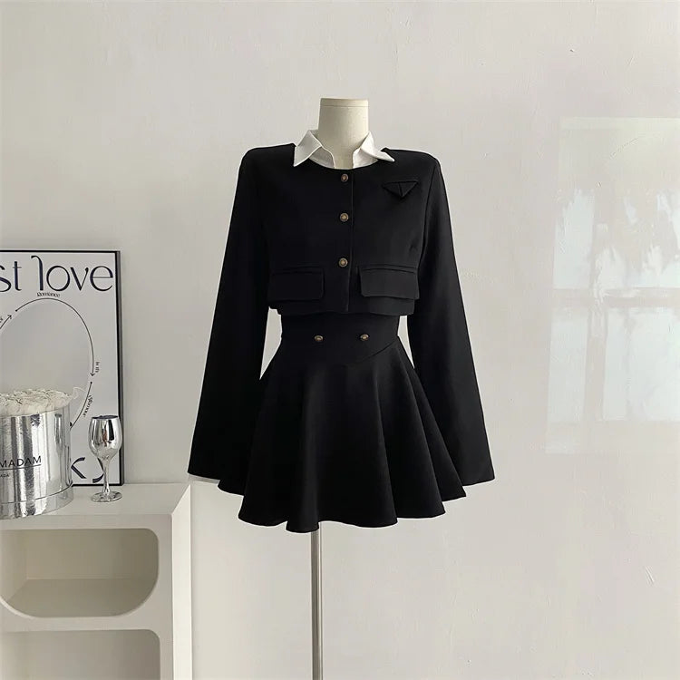 Aiertu 2025 spring fashion trend Korean Women Cropped Coat Long Sleeve Shirt High Waist Halter Ruffles Mini Dress Chic Fashion Sexy Outfits Y2K 3 Piece Set  New Aiertu