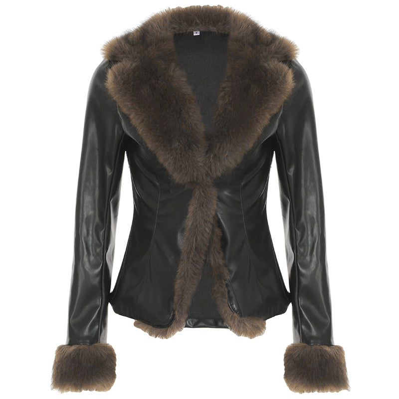 Aiertu - summer inspo Autumn New Clothes Women’s Leather Coat Long Sleeve Spliced Faux Trim Button Slim Fit Chic Coat Aiertu