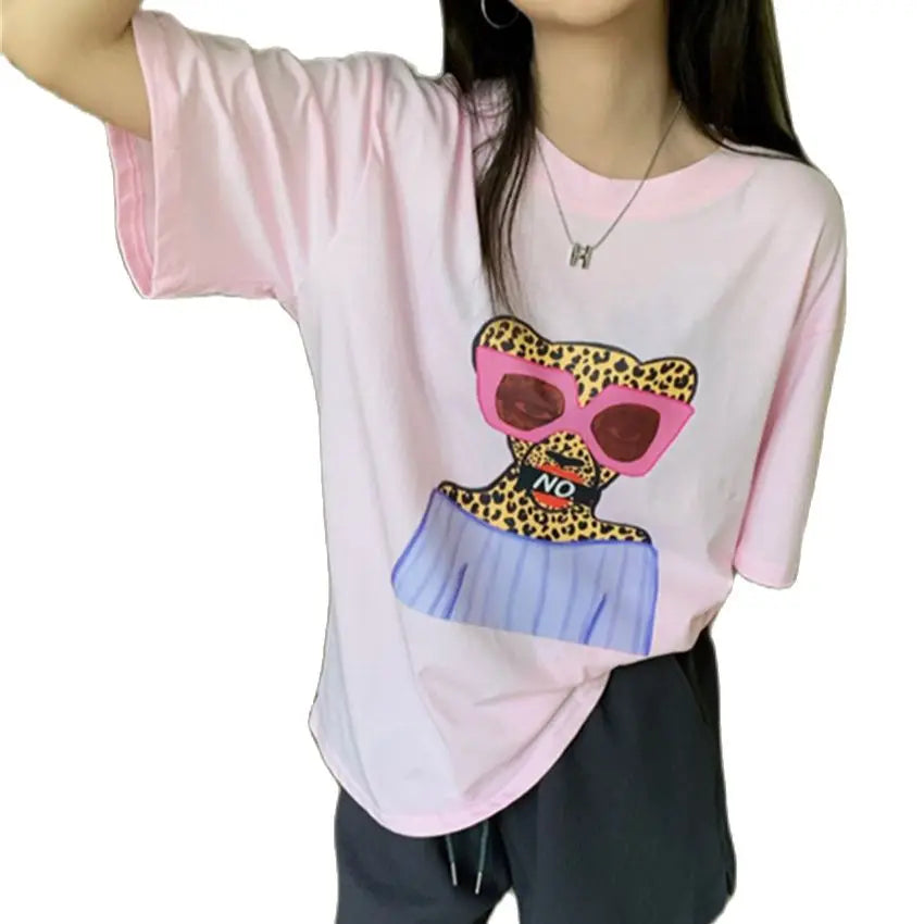 Aiertu  -  Cartoon Printed T-Shirts Casual High Street Women Loose Summer OL All Match Mujer Half Sleeve Chic Office Lady Tees Aiertu