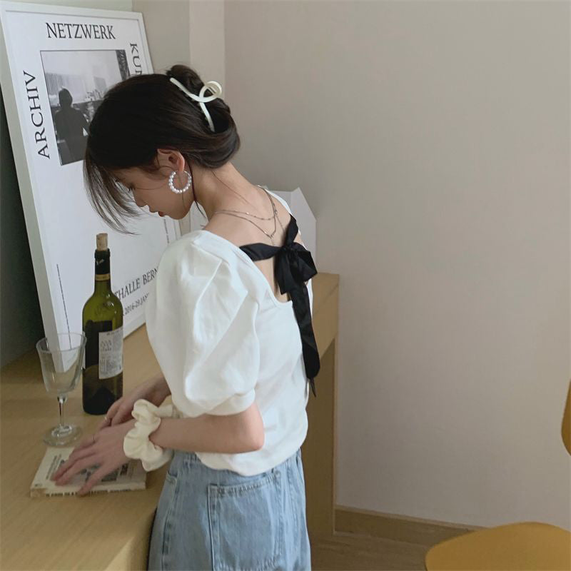 Aiertu Vintage White Blouses Women Backless Puff Sleeve Shirts Summer Korean Elegant Bow Bandage Slim Casual Simple All Match Top Aiertu