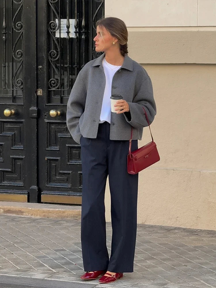 Aiertu  -  Casual Wool Blends Women Short Jacket Solid Lapel Single Breasted Female Coat Autumn Long Sleeve Fashion Lady Outerwear Aiertu