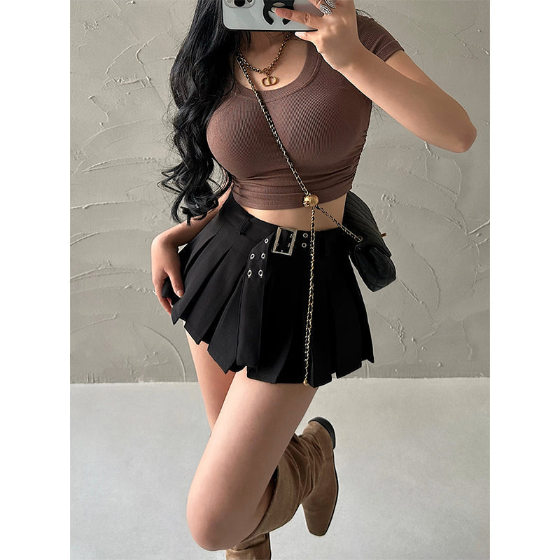 Aiertu Solid Color Pleated A-Line Low Waist Mini Skirt Aiertu