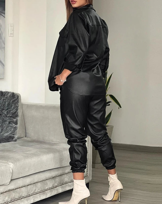 Aiertu Women's Fashion Pocket Design PU Leather Long Sleeve Shirt & Cuffed Pants Set Temperament Commuter Female Casual Sweatpants Sets Aiertu