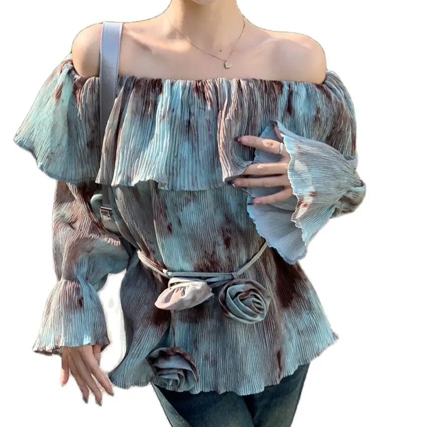 Aiertu  -  Blue Retro Blouses Daily Tie-Dying Ruffles Autumn Chic Loose Slash Neck Slim Office Lady Full Sleeve Ruffles Aiertu