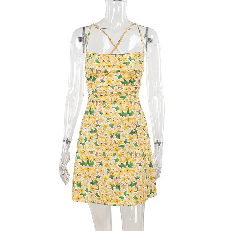 Aiertu  -  Chic Sexy Floral Print Lace-up Backless Summer Party Dresses for Women 2026 Slash Neck Sleeveless Tunics Vacation Beach Dress Aiertu