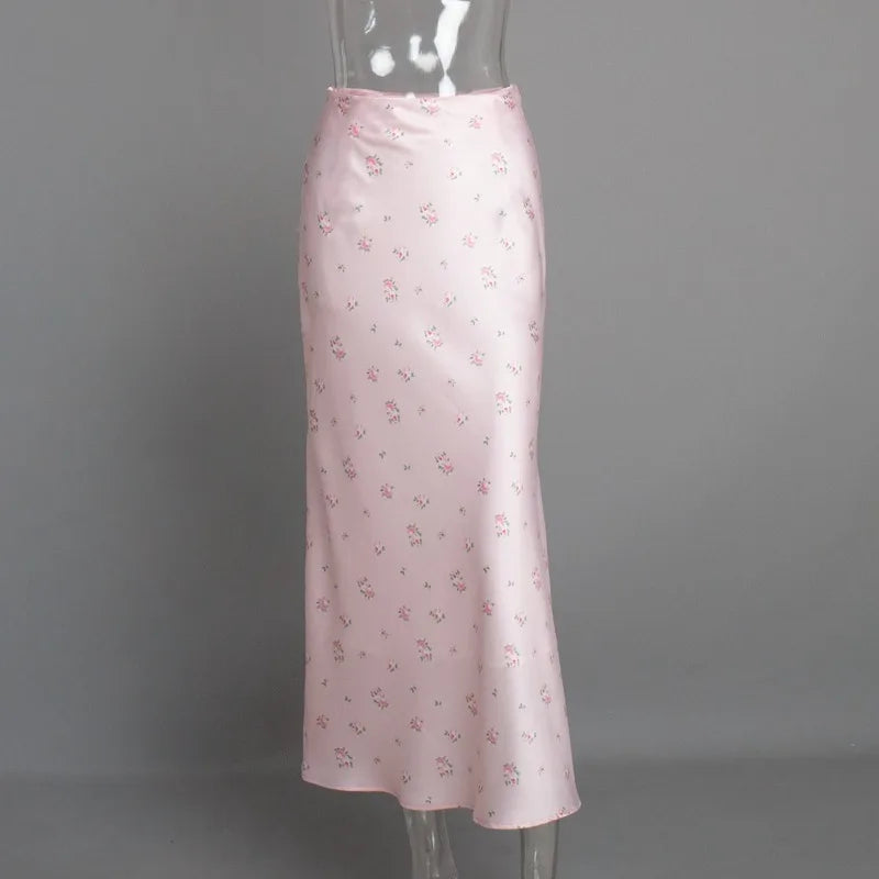 Aiertu  -  Flower Print Skirt Female 2025 New High Waist Slim Long Skirts Street Casual Vacation Fashion Elegant Satin Skirt Women Aiertu