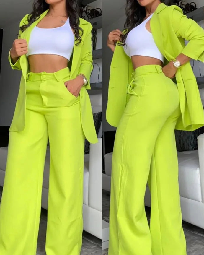 Aiertu 2025 Woman Elegant Sets Autumn Fashion Women's Notched Collar Coat & Pocket Design Pants Set Work Commuting Two Piece Suit Aiertu