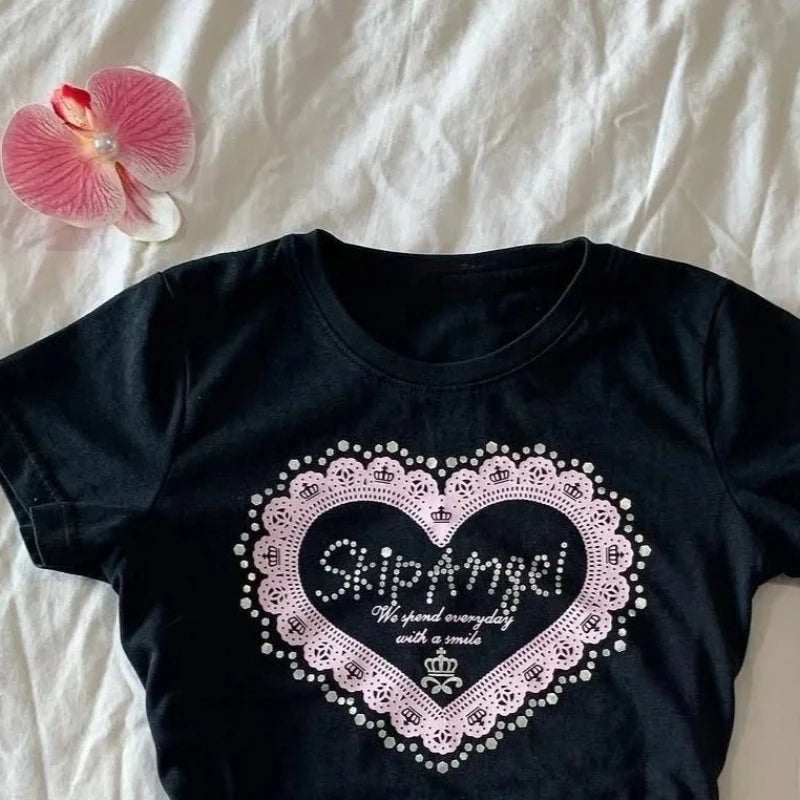 Aiertu  -  Y2k Aesthetic Love Letter Printing Tops 2025 Summer Women Streetwear Black T-shirts Harajuku Casual Slim Fit Grunge Fairy Tees Aiertu