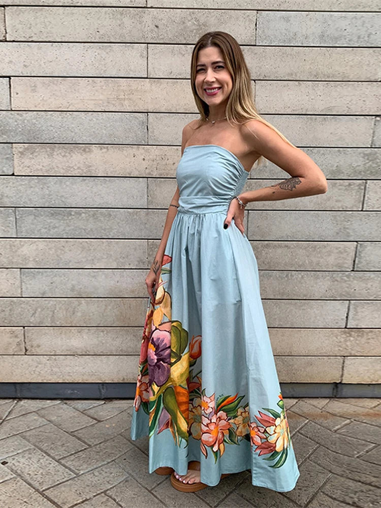 Aiertu  -  Blue Printed Strapless Dress Pleated Fluffy Large Hemline Cinched Waist Slimming Off Shoulder Robes Women Beach Long Dresses Aiertu