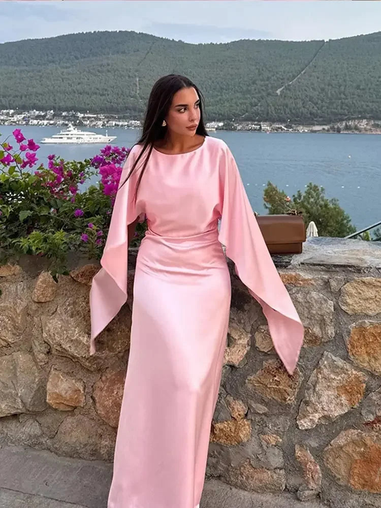 Aiertu  -  Elegant Pink Satin Half Flare Sleeved Long Dress Women Fashion O Neck Bodycon Maxi Dresses 2026 New Lady Vocation Party Robes Aiertu