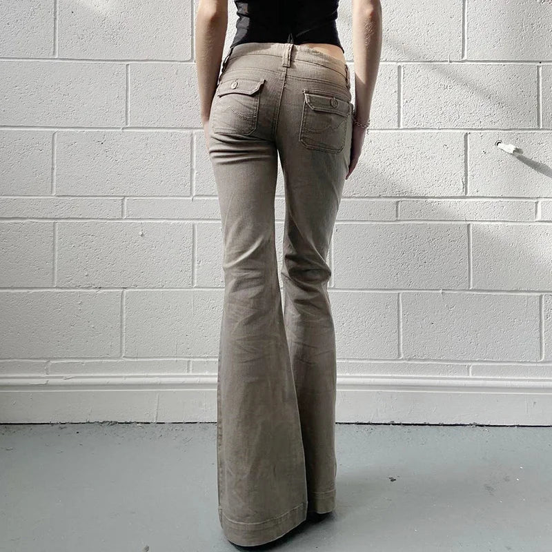 Aiertu  -  Y2K Flare Jeans with Pockets Women Stylish 2000s Vintage Khaki Slim Fit Denim Trousers Spring High Street Pants Lady Aiertu