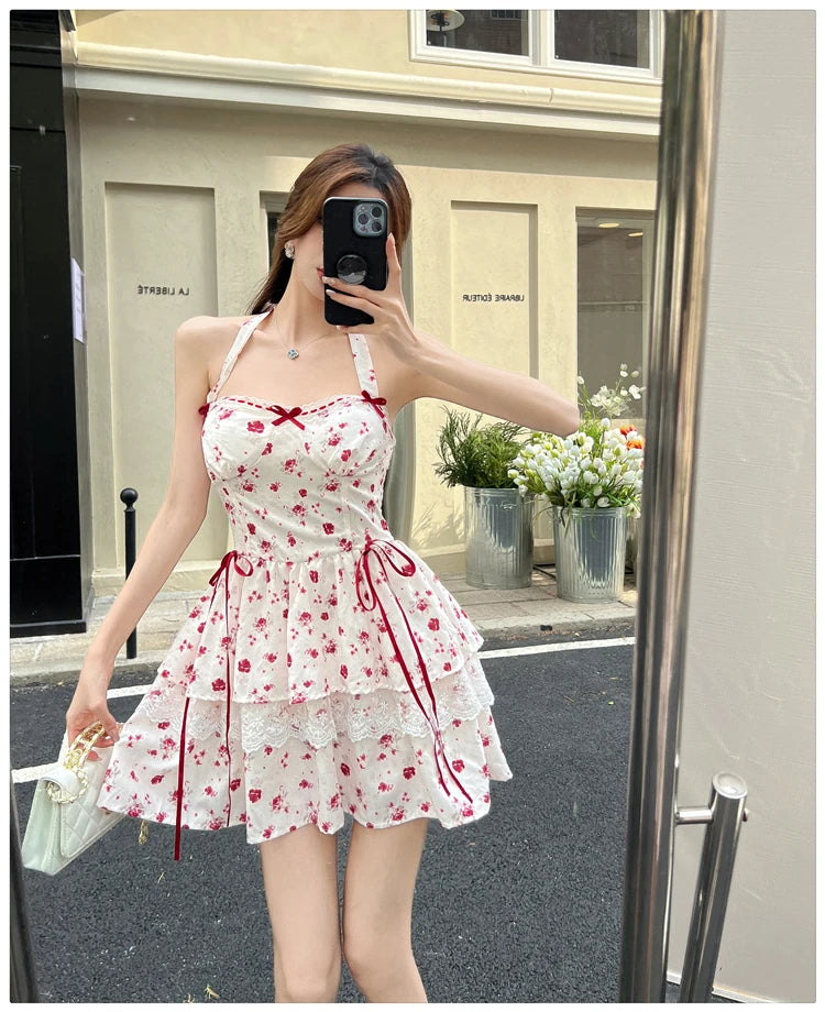 Aiertu  Cherry Bird Red Ribbon Coquette Dress Aiertu