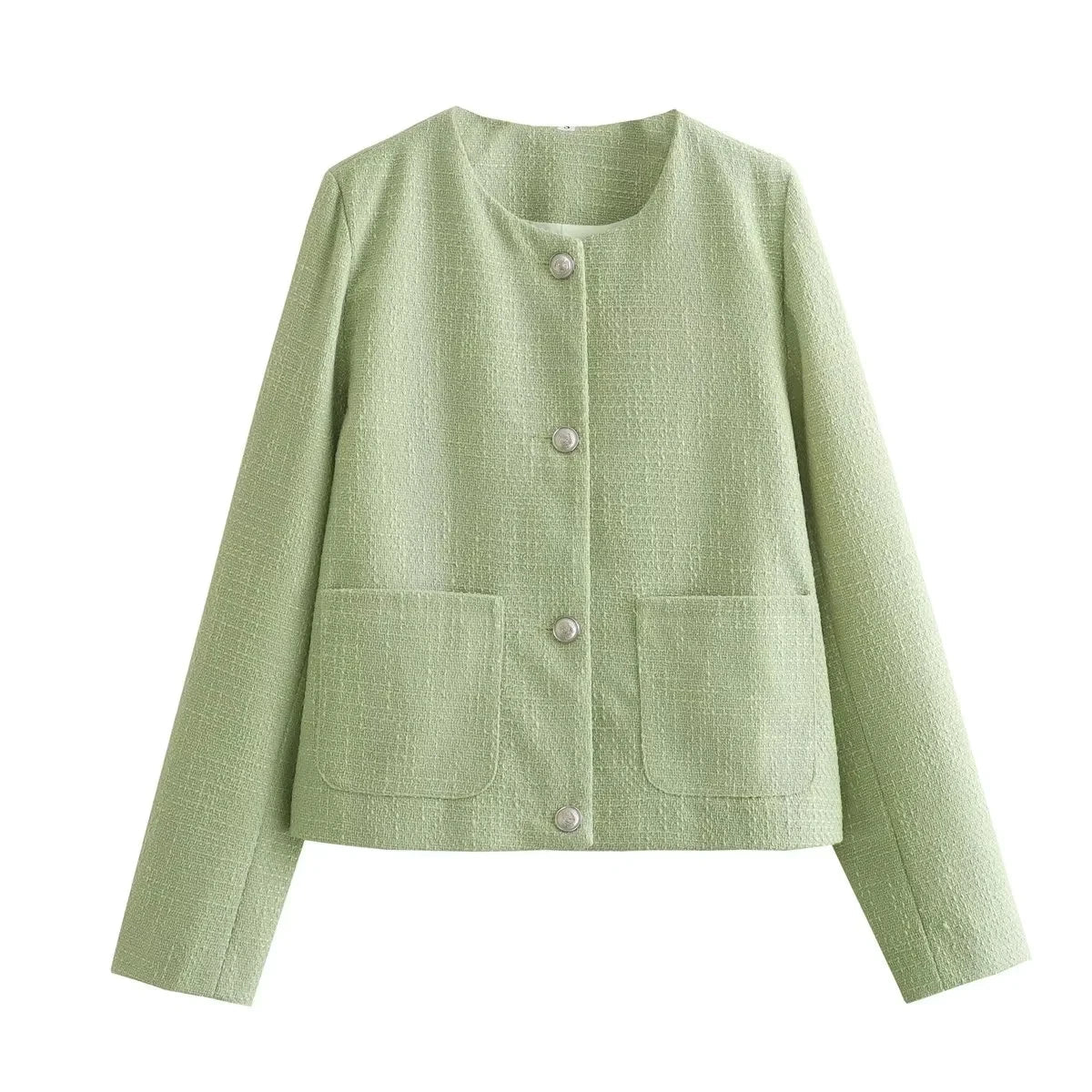 Aiertu  -   Tweed Woolen Short Blazer Jacket Women Single Breasted Pockets Office Lady Vintage Slim Coat Blue Autumn Winter New Aiertu