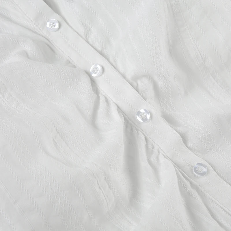 Aiertu  -  Fashion Chic Folds Summer Blouse Women Texture Stripe Buttons-Up Cardigan Shirt Korean French Tops Short Sleeve Basic Aiertu