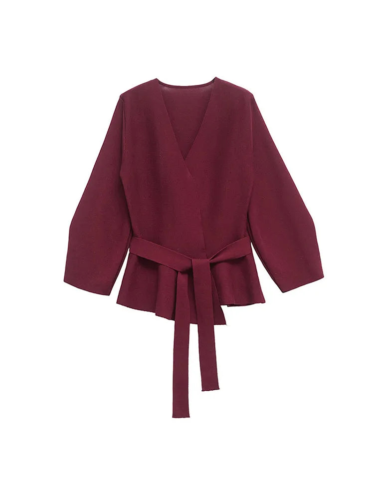 Aiertu  -  Elegant Lace Up Coats Women Elegant Solid V-neck Full Sleeve Oversize Female Cardigan Sweater Summer Fashion Lady Streetwears Aiertu